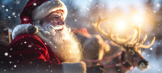 close up of santa claus with sleigh and reindeer in the snow, with snowflakes bokeh, lit by the sun,generative ai - obrazy, fototapety, plakaty