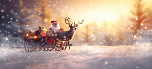 close up of santa claus with sleigh and reindeer in the snow, with snowflakes bokeh, lit by the sun, - obrazy, fototapety, plakaty