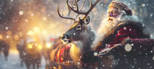 Fotobehang close up of santa claus with sleigh and reindeer in the snow, with snowflakes bokeh, lit by the sun, © JKLoma