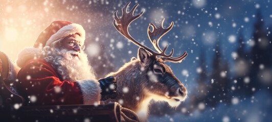 close up of santa claus with sleigh and reindeer in the snow, with snowflakes bokeh, lit by the sun, - obrazy, fototapety, plakaty