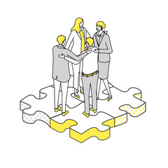 アイソメトリック_まとまっているビジネスチームのシンプルタッチのイラスト