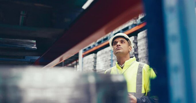 Man, inventory check at warehouse and distribution supplier, labor and ecommerce with storage. Shelf, supply chain and stock checklist, cargo and freight with logistics, package or product in factory