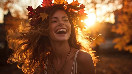 Candid shot of a model laughing, her hair adorned with maple leaves, backlit by the warm glow of the setting sun