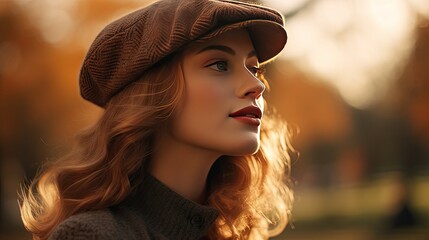 Close-up shot of a model wearing a woolen beret, her breath visible in the chilly air, with soft golden-hour lighting filtering through the trees