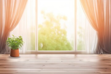 green blurred half sill window concept wooden leaf blurred morning curtained plant window background Wooden curtain top table display bleached empty wood table texture background top product white