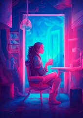 Illustration with lo-fi aesthetic. Neon poster with cozy interior. Generative AI