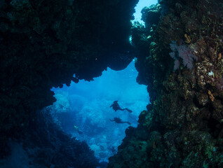 Divers explore St John's Caves in the southern Red Sea, Egypt