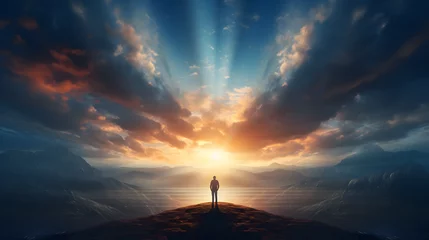 Tuinposter Strand zonsondergang alone person looking at heaven. Lonely man standing in fantasy landscape with shining cloudy sky. Meditation and spiritual life