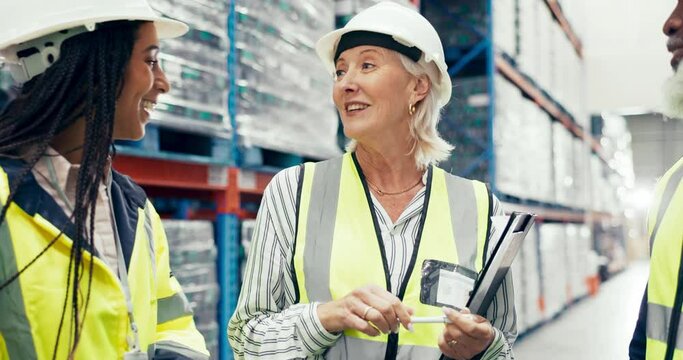 Warehouse team, happy woman and logistics inspection, inventory management or quality assurance checklist. Industrial group of people or supply chain manager in distribution meeting of stock workflow