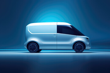 Minimalist futuristic white cargo van concept, right side view parked in a blue studio with copy space