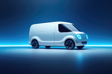 Fototapeta na wymiar Minimalist futuristic white cargo van concept, right front angle view parked in a blue studio with copy space
