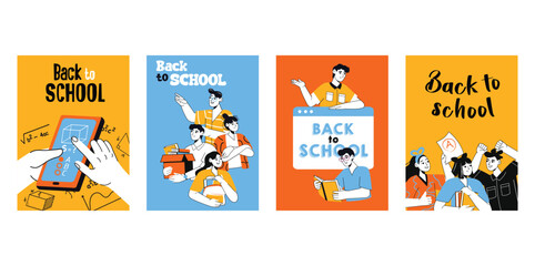 Poster Back to school in flat blue and yellow cartoon style. Illustration features vibrant yellow and blue hues, enhancing 