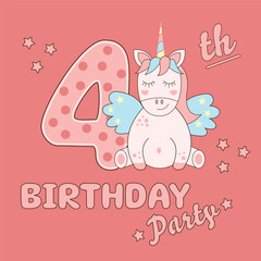 Birthday invitation for 4 year. Happy Fourth birthday. Magical baby unicorn horse greeting card. Vector illustration