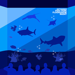 Fishtank show containing large and small fish with people watching and bold text to commemorate Fish Tank Floorshow Night on September 28