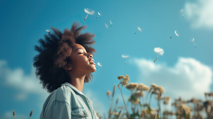 African-American girl standing in summer meadow in front of blue sky background looking at sun, freedom concept, African female teenager, beauty photo portrait