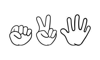 hand drawn illustration of scissors, rock and paper hand on a white background