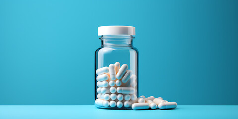 White pills in glass pill bottle in front of blue background. Generative AI