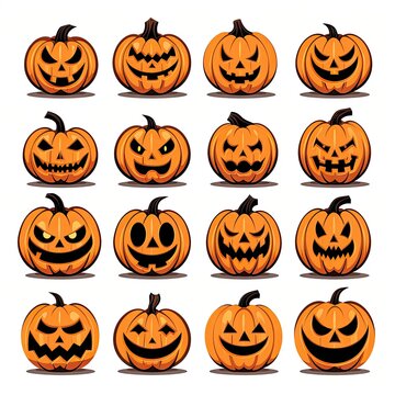 Pumpkins faces in a Halloween-style on a light background. Generative AI