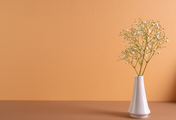 White flowers in white vase and copy space on orange background