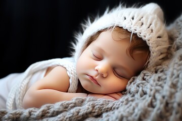 Fototapeta na wymiar Cute little baby girl sleeping in warm knitted hat and scarf