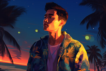 Illustration of expression man on beach during late evening 