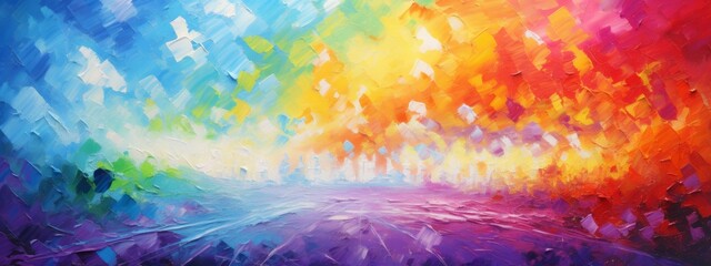 Closeup of abstract rough colorful multicolored art painting texture background wallpaper, with oil or acrylic brushstroke waves, pallet knife paint on canvas