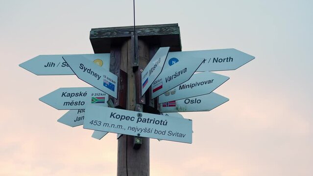 Signs informing about the direction and distance to all known destinations from the city of Svitavy in the Czech Republic