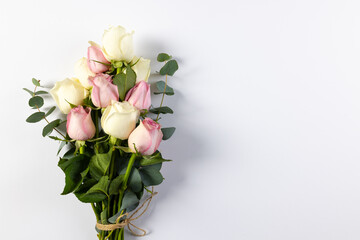 Obraz premium Bunch of pink and white rose flowers with copy space on white background