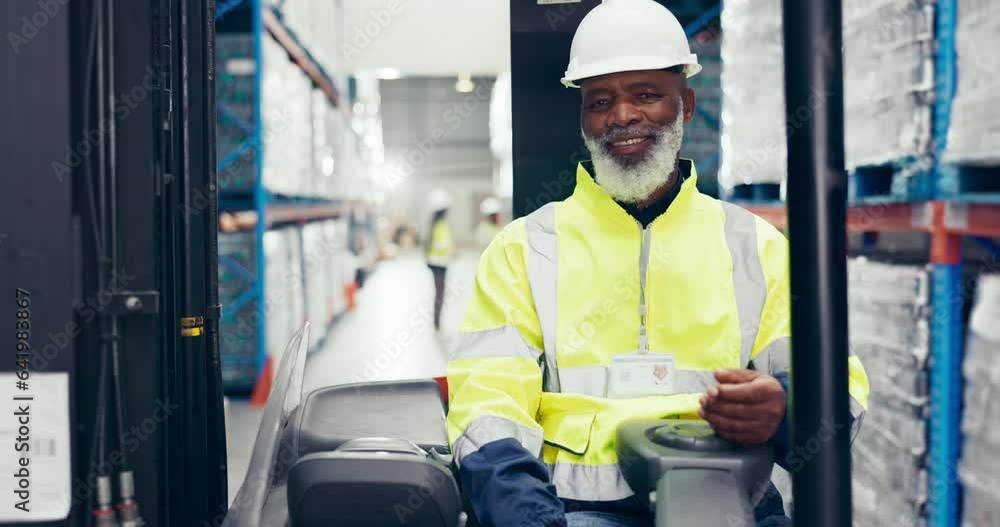 Poster Black man, forklift and inventory check at warehouse, distribution supplier and ecommerce with storage. Shelf, supply chain and stock, cargo and freight with logistics, package or product in factory