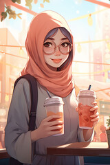 Illustration of positive hijabi woman drinking orange in closeup shot 
