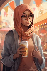 Illustration of positive hijabi woman drinking orange in closeup shot 