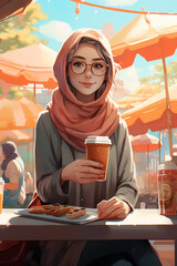 Illustration of positive hijabi woman drinking orange in closeup shot 