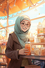 Illustration of positive hijabi woman drinking orange in closeup shot 