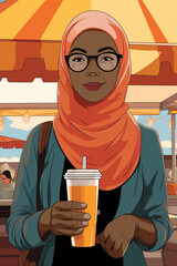 Illustration of positive hijabi woman drinking orange in closeup shot 