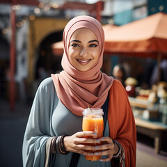 Illustration of positive hijabi woman drinking orange in closeup shot 
