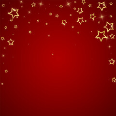 Twinkle stars scattered around randomly, flying, falling down, floating.  Christmas celebration concept. Festive stars vector illustration on red background.