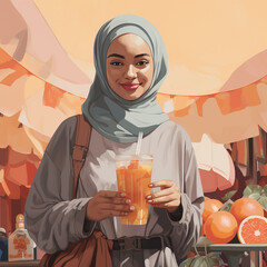 Illustration of positive hijabi woman drinking orange in closeup shot 