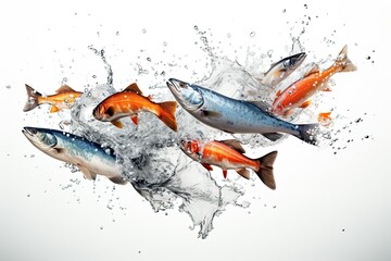 Collection of consumption fish with splash isolated on white background