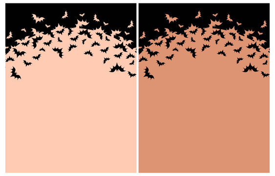Halloween Party Vector Background with Black Flying Bats. Little Bats Isolated on a Light Blush Pink and Coral Brown Background. Halloween Layout with Copy Space ideal for Card, Banner, Flyer. RGB.	