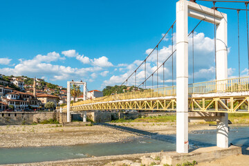 Bridge of the historic town of Berat in Albania its castle above, UNESCO World Heritage Site, City of a Thousand Windows
