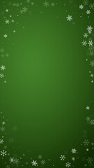 Magic falling snow christmas background. Subtle flying snow flakes and stars on christmas green background. Magic falling snow holiday scenery.   Vertical vector illustration.