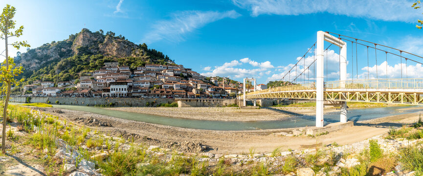 Panoramic of the bridge of the historic city of Berat in Albania its castle above, UNESCO World Heritage Site, the city of a thousand windows