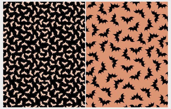 Halloween Irregular Seamless Vector Pattern with Flying Bats. Little Bats Isolated on a Black and Coral Brown Background. Halloween Repeatable Print ideal for Wrapping Paper, Fabric. RGB Colors.	