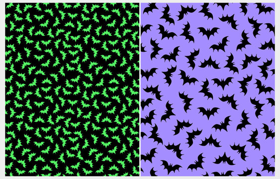 Halloween Irregular Seamless Vector Pattern with Flying Bats. Neon Green and Black Bats Isolated on a Black and Violet Background. Halloween Repeatable Print ideal for Wrapping Paper, Fabric. RGB.	