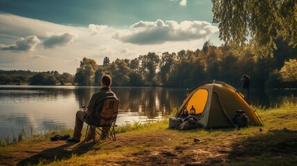 Fisherman camping fishing lake camp