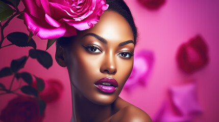 portrait of young african woman with pink flowers, fashion design backdrop   