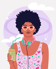 Young woman with a can of soft drink. Colorful trendy illustration of funky girl. Cool attitude.
