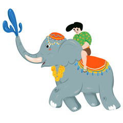 Man riding elephant splashing water hand drawn illustration