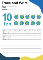 Number ten tracing practice worksheet with ten planet Earth surrounded by satellites. Page for kids learning to count and to write. Vector Illustration. Exercise for children to recognize the number.