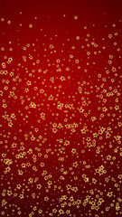 Gold sparkling star confetti. Chaotic dreamy childish overlay template. Festive stars vector illustration on red background.